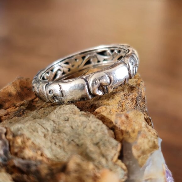 Sterling Silver 925 Elephant Design Eternity Band Ring Size 10 Inside Scrollwork - Picture 4 of 7